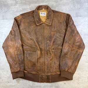 Scully Mens Distressed Brown Leather Bomber Jacket Map Print Lining XXL